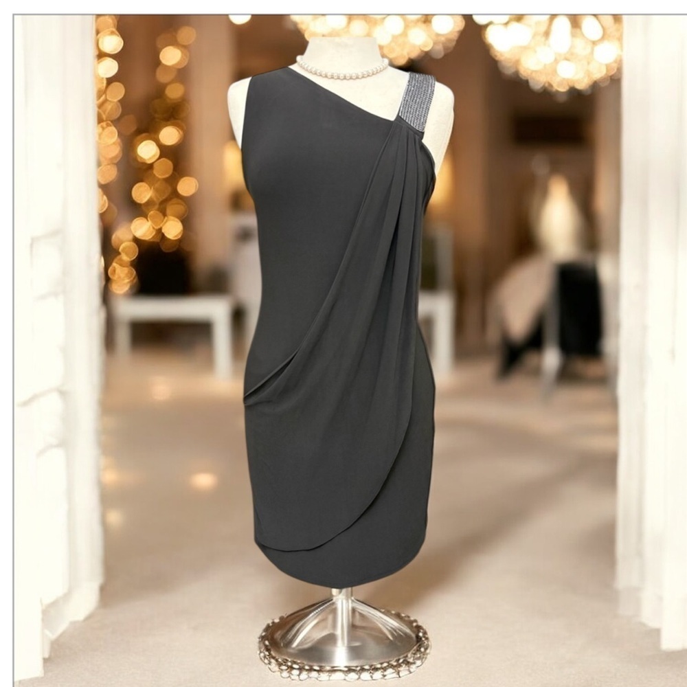 Karina Black Draped One Shoulder Rhinestone Dress